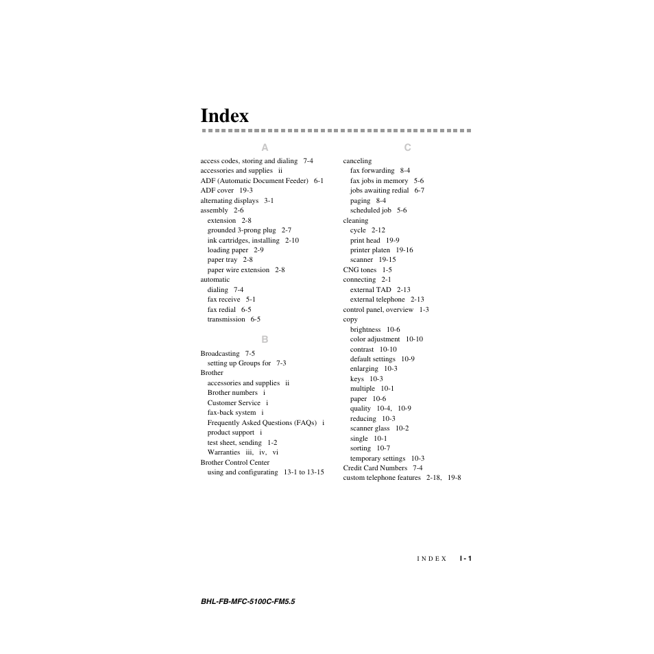 Index | Brother MFC-5100C User Manual | Page 204 / 213