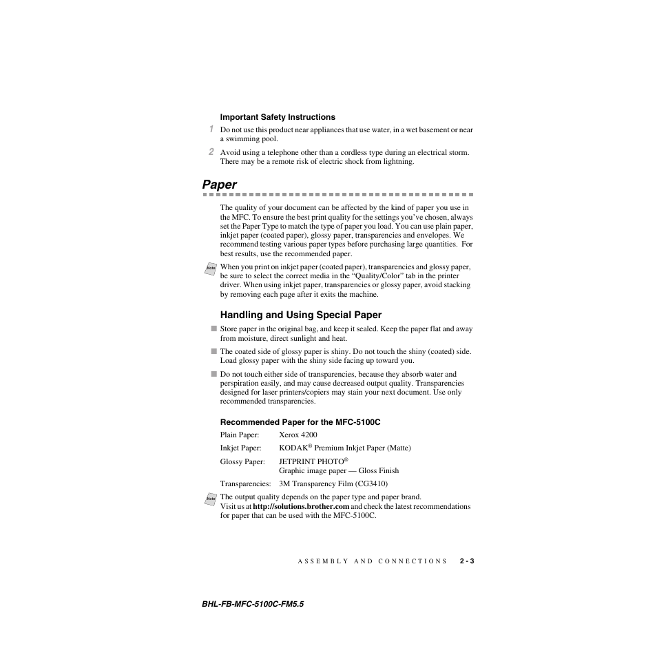 Important safety instructions, Paper, Handling and using special paper | Recommended paper for the mfc-5100c, Important safety instructions -3, Paper -3, Handling and using special paper -3, Recommended paper for the mfc-5100c -3 | Brother MFC-5100C User Manual | Page 30 / 213