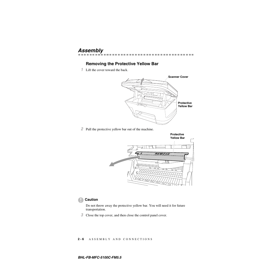 Assembly, Removing the protective yellow bar, Assembly -6 | Removing the protective yellow bar -6 | Brother MFC-5100C User Manual | Page 33 / 213