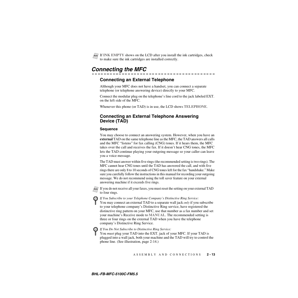 Connecting the mfc, Connecting an external telephone, Sequence | Connecting the mfc -13, Device (tad) -13 sequence -13, Connecting an, External telephone answering device (tad) | Brother MFC-5100C User Manual | Page 40 / 213