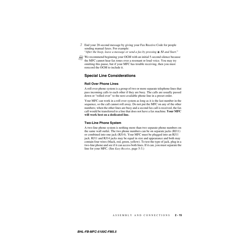 Special line considerations, Roll over phone lines, Two-line phone system | Special line considerations -15 | Brother MFC-5100C User Manual | Page 42 / 213