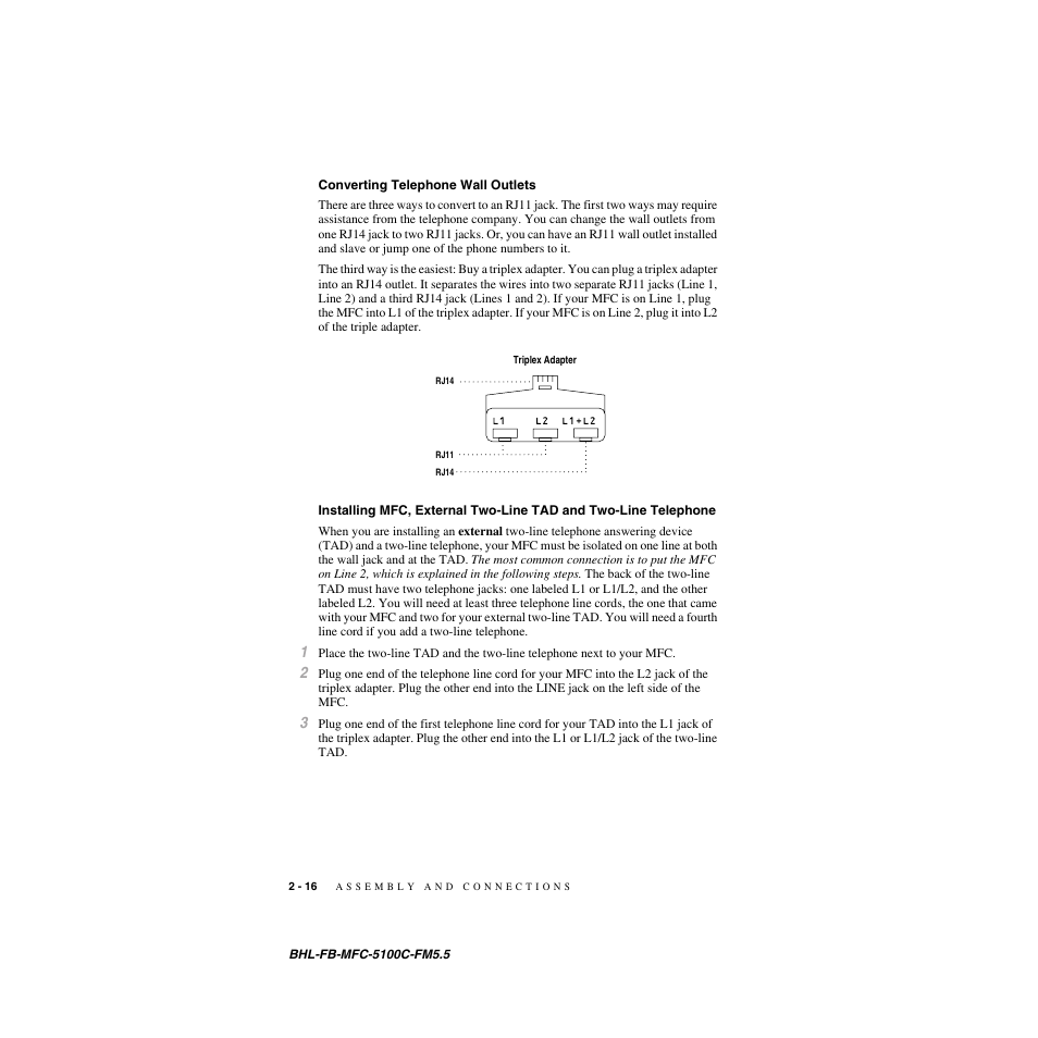 Converting telephone wall outlets, Two-line telephone -16 | Brother MFC-5100C User Manual | Page 43 / 213