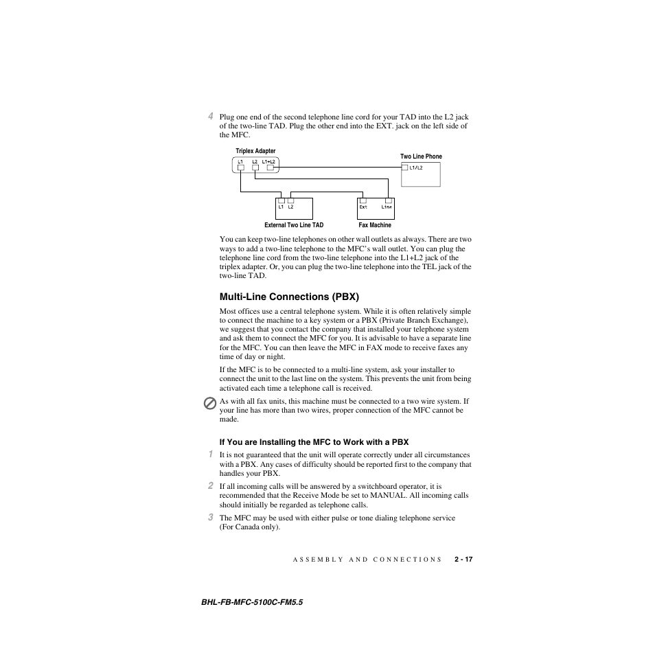 Multi-line connections (pbx), If you are installing the mfc to work with a pbx, Multi-line connections (pbx) -17 | Brother MFC-5100C User Manual | Page 44 / 213