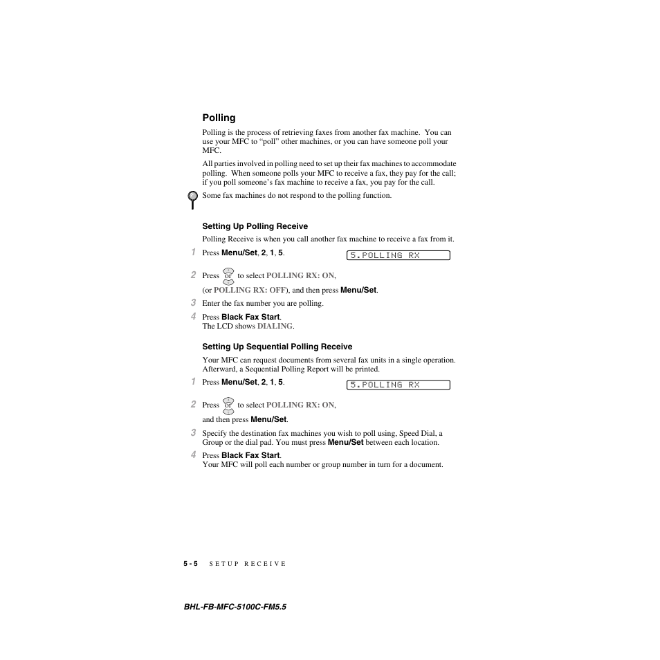 Polling, Setting up polling receive, Setting up sequential polling receive | Polling -5 | Brother MFC-5100C User Manual | Page 61 / 213