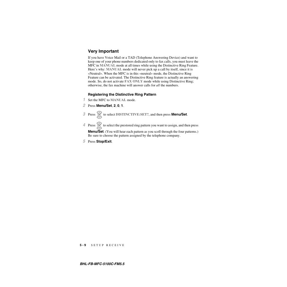 Very important, Registering the distinctive ring pattern, Very important -9 | Registering the distinctive ring pattern -9 | Brother MFC-5100C User Manual | Page 65 / 213