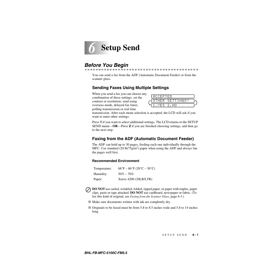 Setup send, Before you begin, Sending faxes using multiple settings | Faxing from the adf (automatic document feeder), Recommended environment, Setup send -1, Before you begin -1, Recommended environment -1 | Brother MFC-5100C User Manual | Page 66 / 213