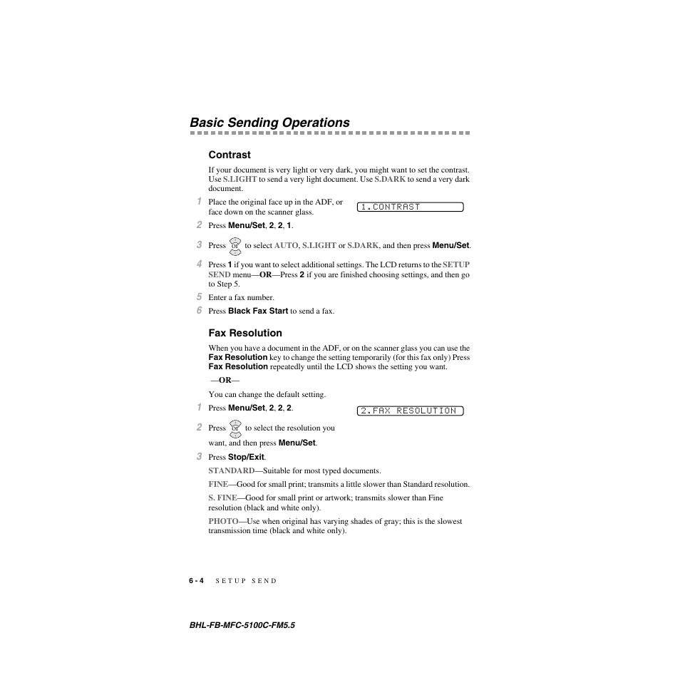 Basic sending operations, Contrast, Fax resolution | Basic sending operations -4, Contrast -4 fax resolution -4 | Brother MFC-5100C User Manual | Page 69 / 213