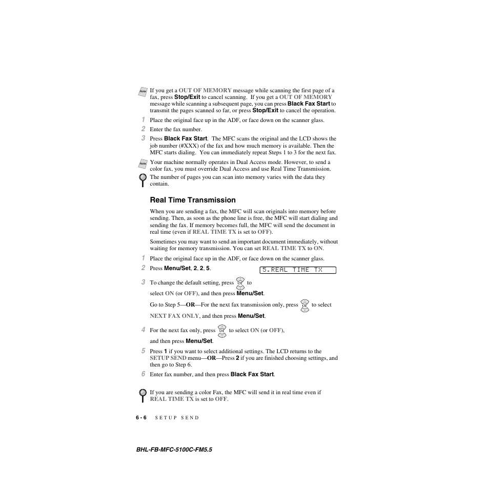 Real time transmission, Real time transmission -6, Real | Brother MFC-5100C User Manual | Page 71 / 213