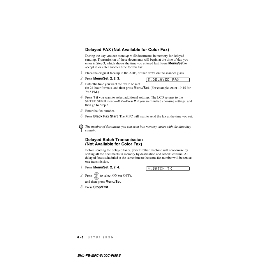 Delayed fax (not available for color fax), Basic copy operations -1 | Brother MFC-5100C User Manual | Page 73 / 213