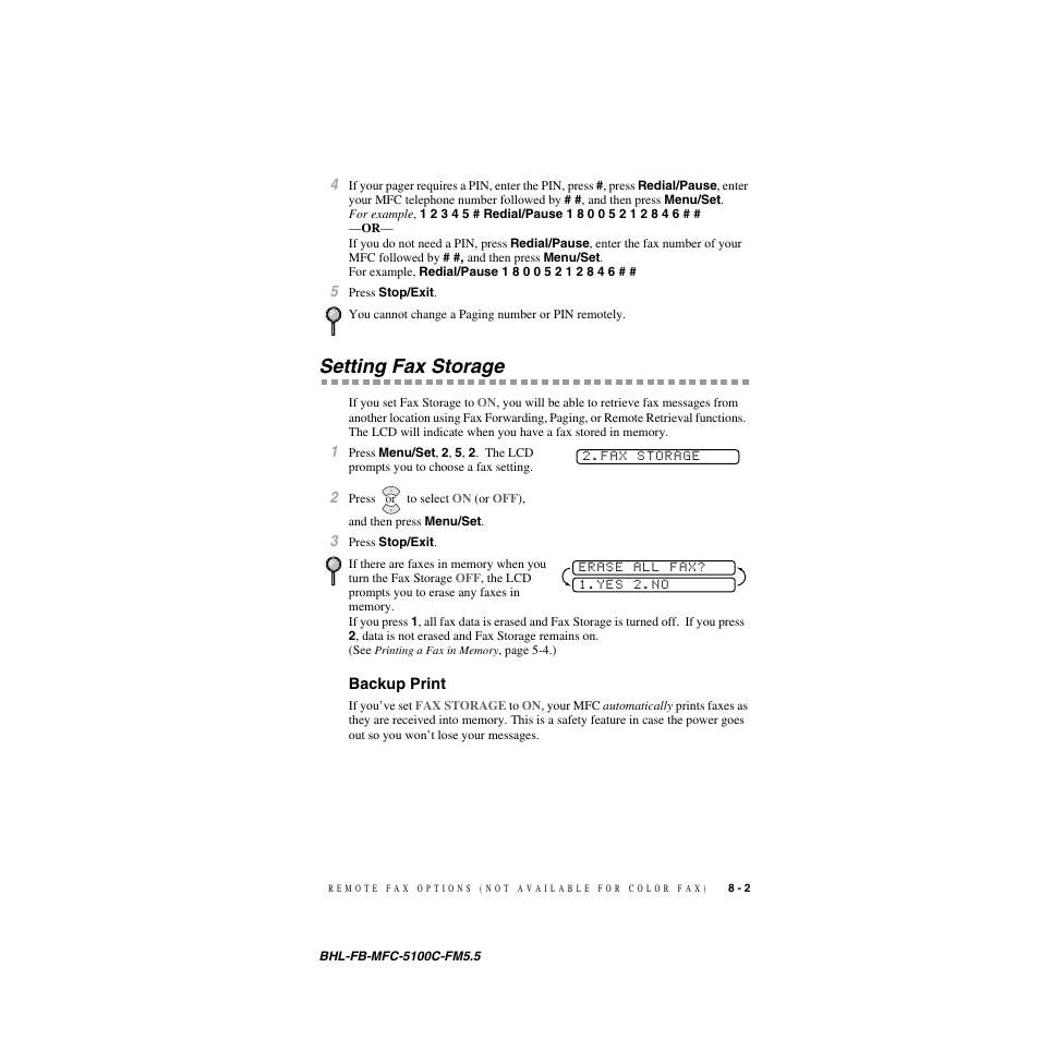 Setting fax storage, Backup print, Setting fax storage -2 | Backup print -2, The memory when you are at your mfc. (see | Brother MFC-5100C User Manual | Page 82 / 213