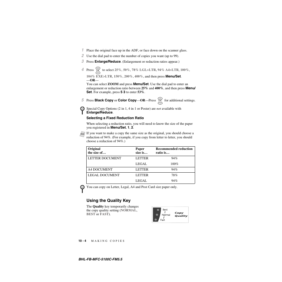 Selecting a fixed reduction ratio, Using the quality key, Selecting a fixed reduction ratio -4 | Using the quality key -4 | Brother MFC-5100C User Manual | Page 91 / 213