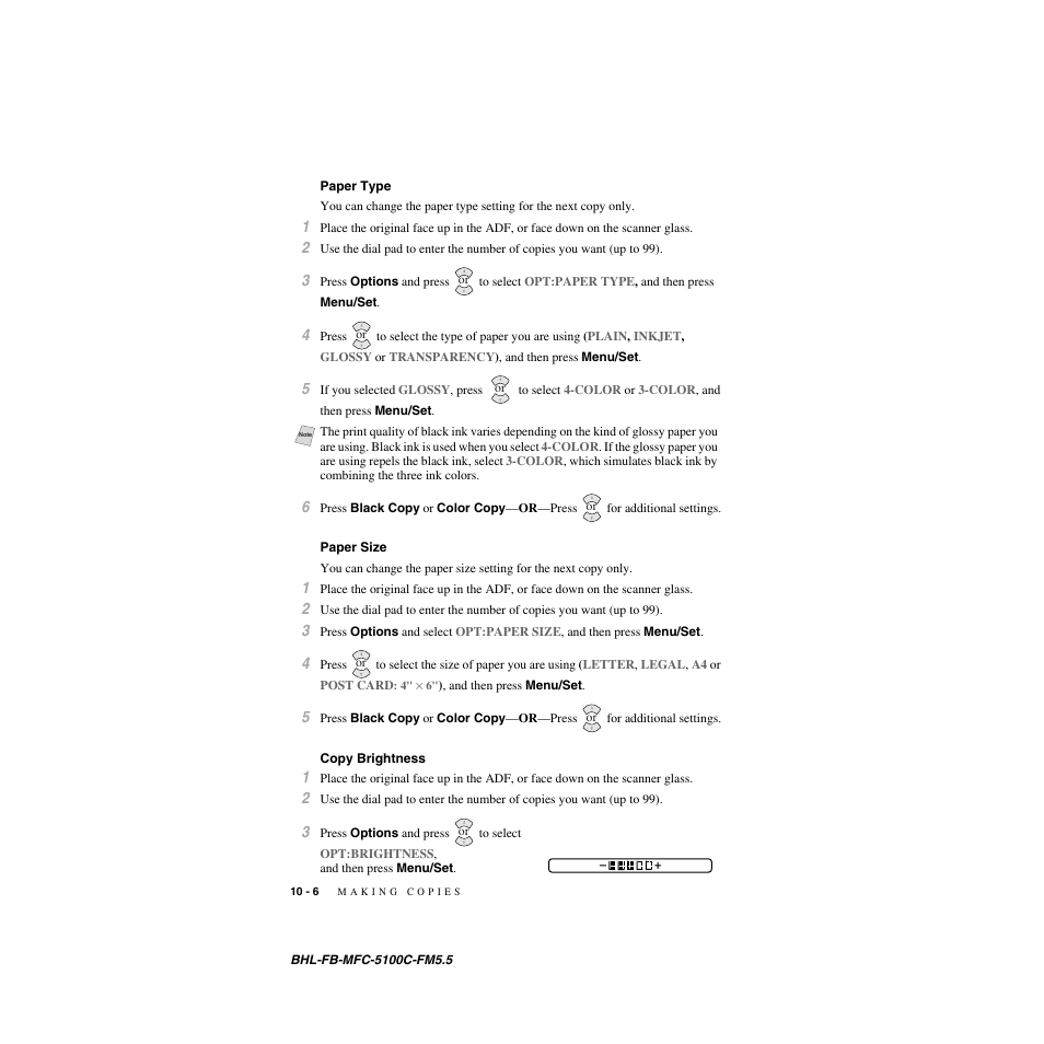 Paper type, Paper size, Copy brightness | Paper type -6 paper size -6 copy brightness -6 | Brother MFC-5100C User Manual | Page 93 / 213