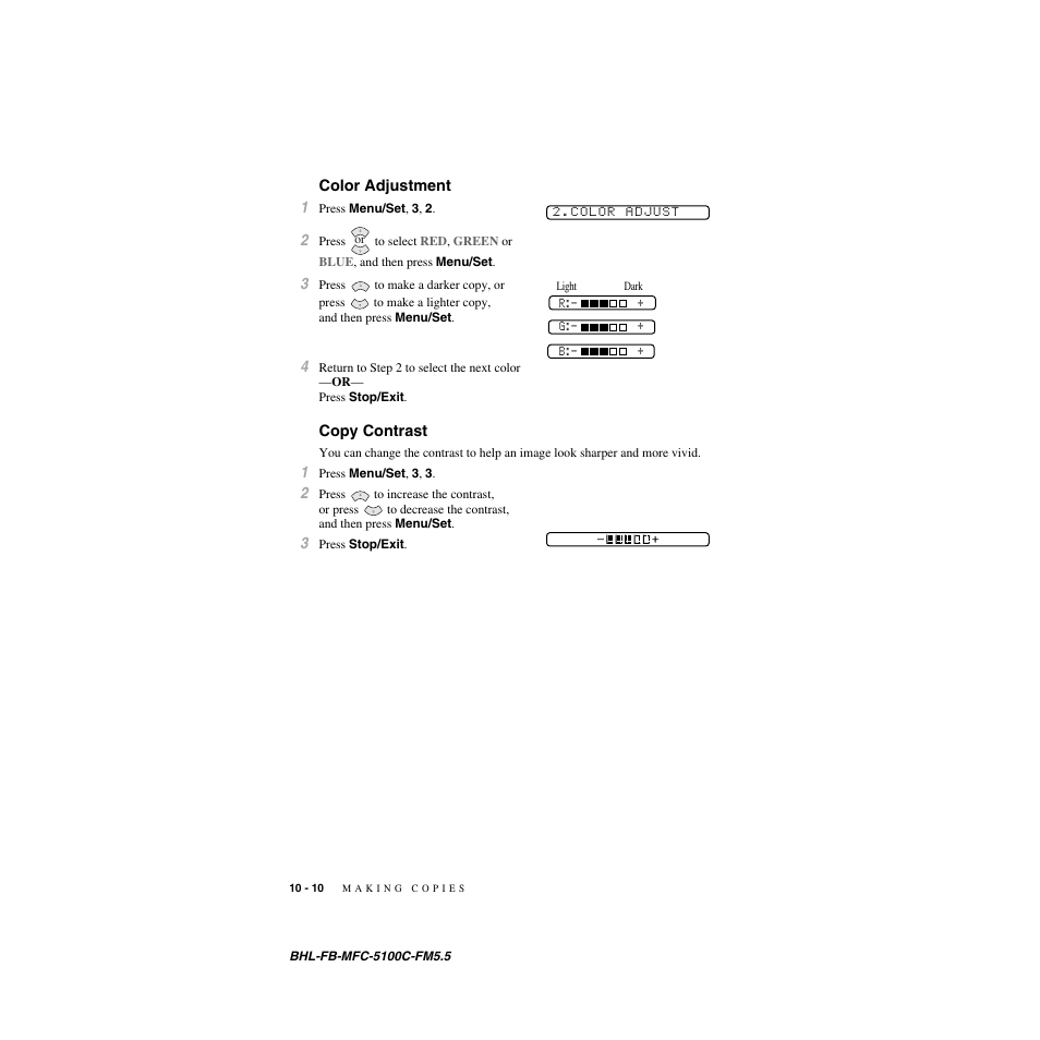 Color adjustment, Copy contrast, Color adjustment -10 copy contrast -10 | Brother MFC-5100C User Manual | Page 97 / 213