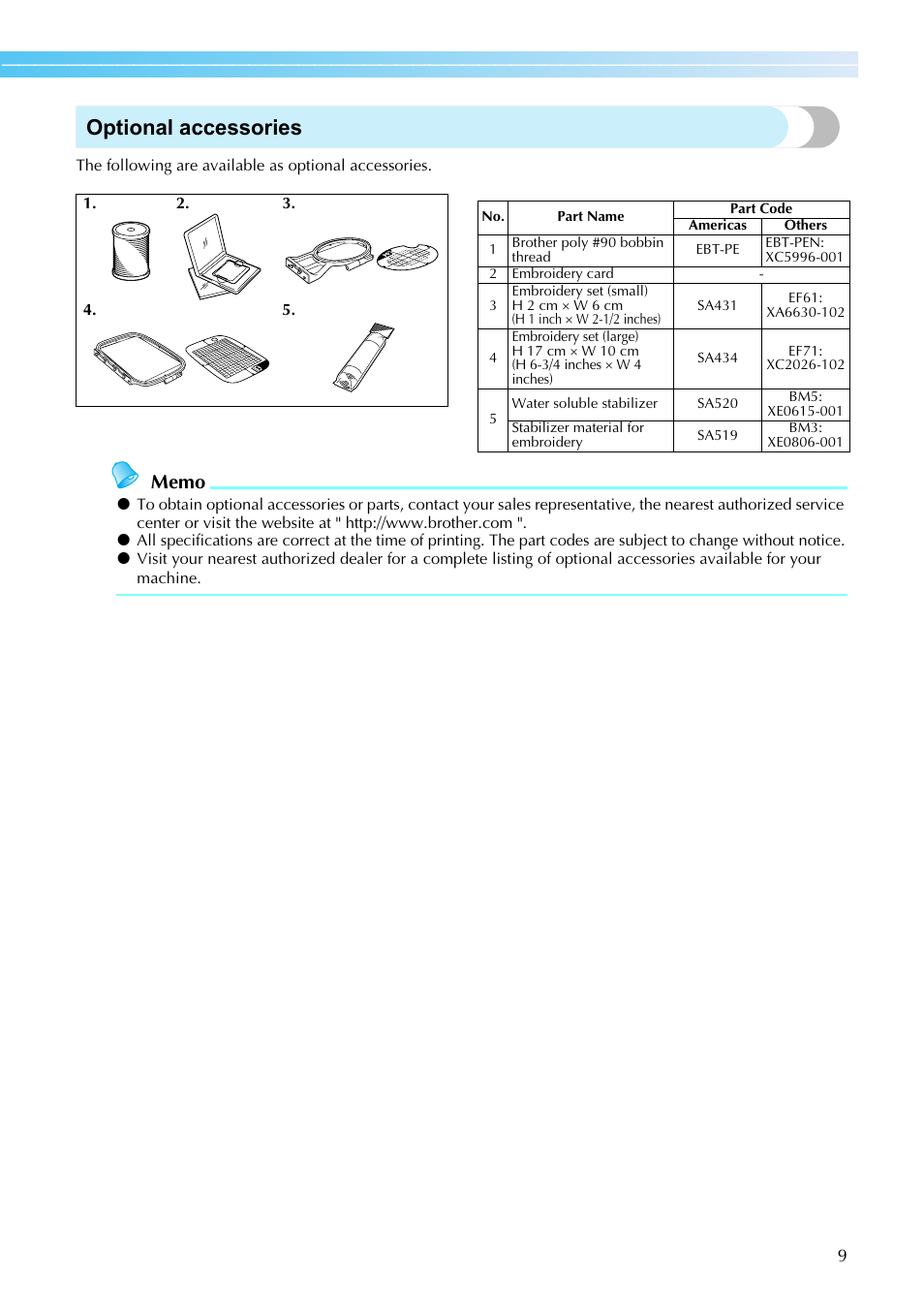 Optional accessories | Brother HE1 User Manual | Page 11 / 92