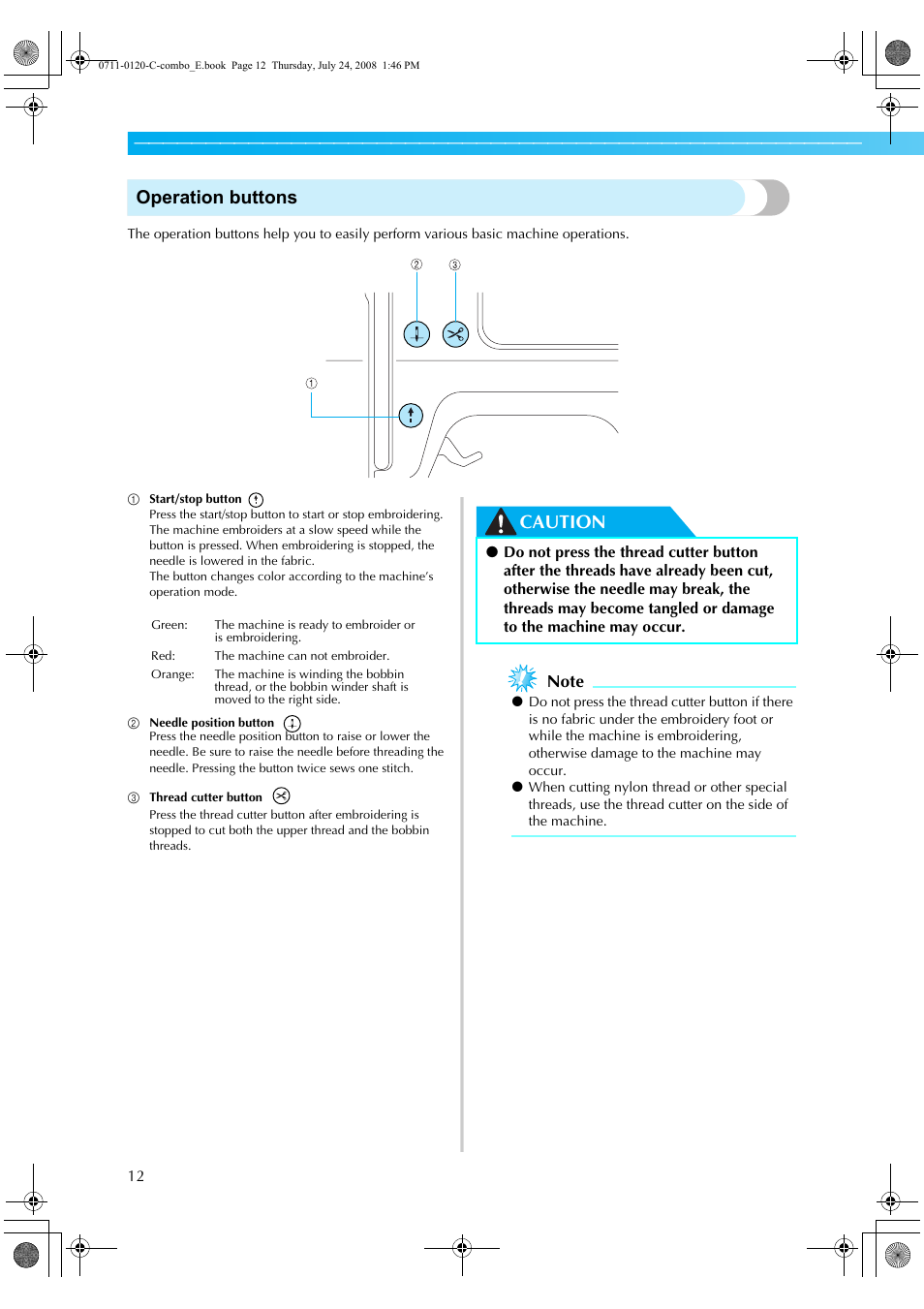 Operation buttons, Caution | Brother HE1 User Manual | Page 14 / 92