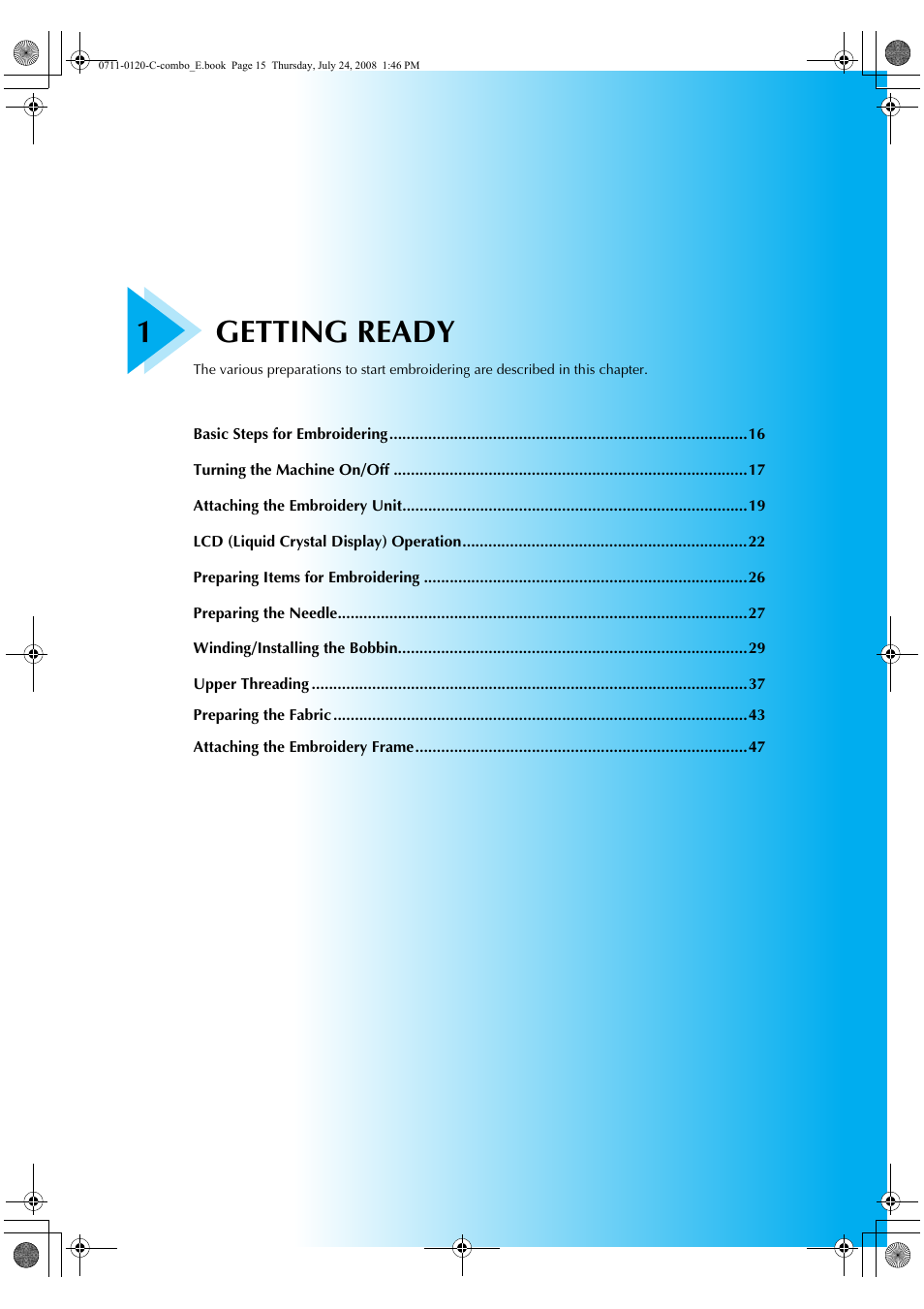 1getting ready | Brother HE1 User Manual | Page 17 / 92
