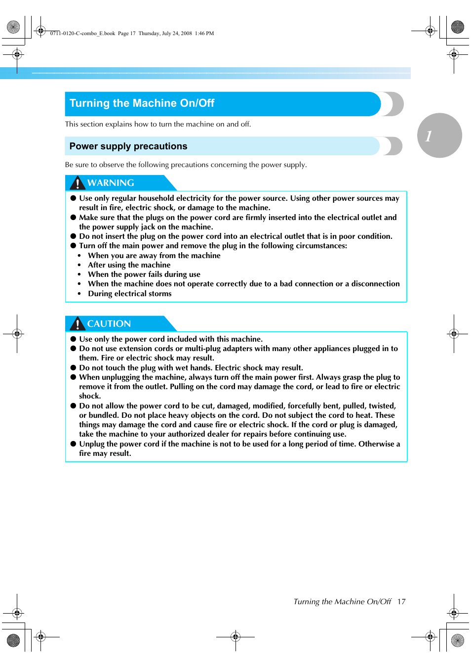 Turning the machine on/off | Brother HE1 User Manual | Page 19 / 92