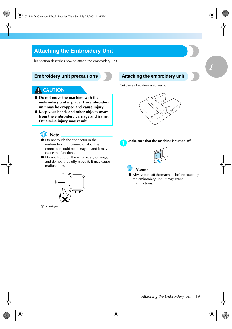 Attaching the embroidery unit | Brother HE1 User Manual | Page 21 / 92
