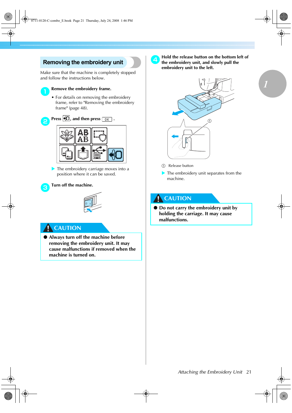 Removing the embroidery unit, Caution | Brother HE1 User Manual | Page 23 / 92