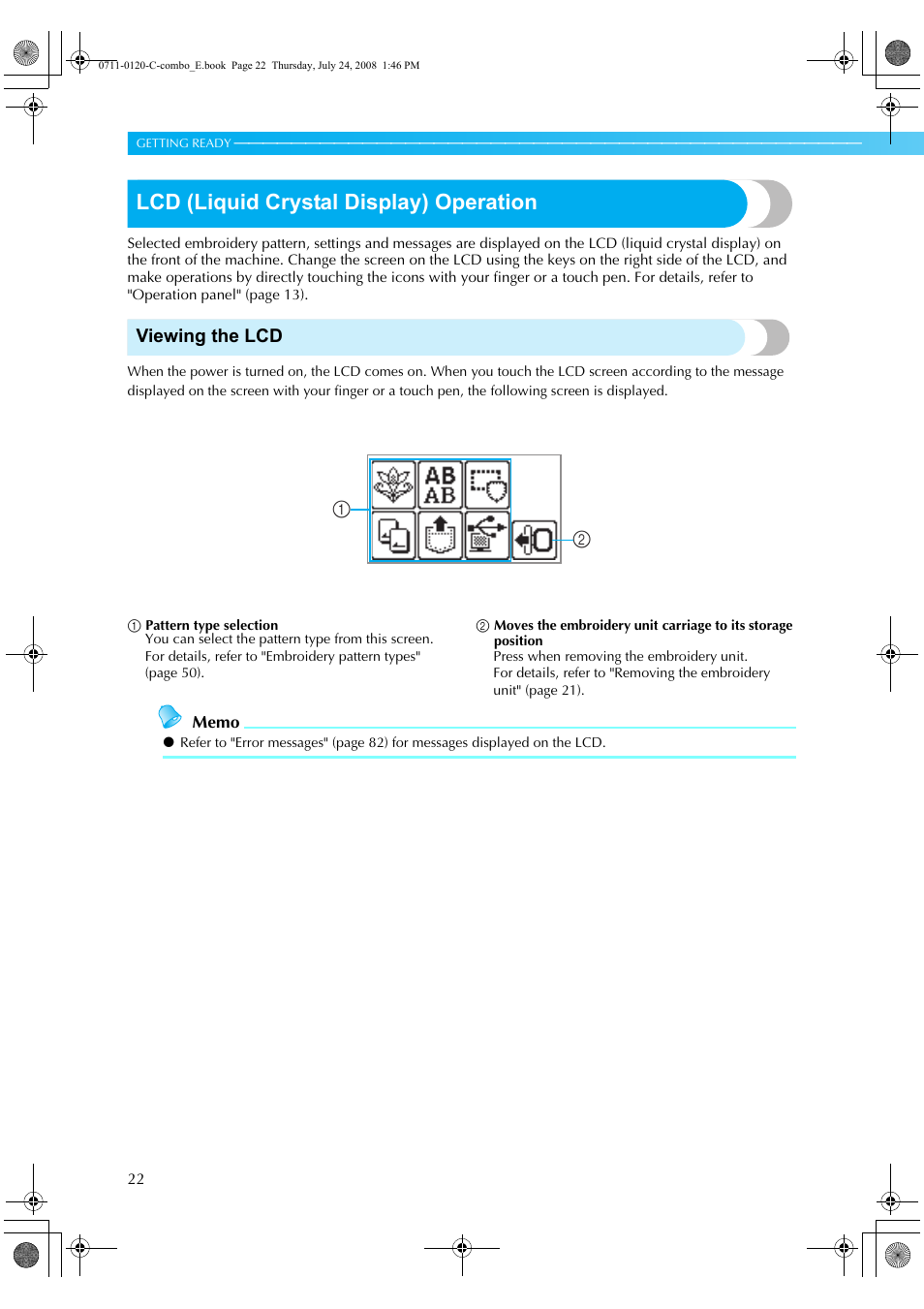 Lcd (liquid crystal display) operation, Viewing the lcd | Brother HE1 User Manual | Page 24 / 92