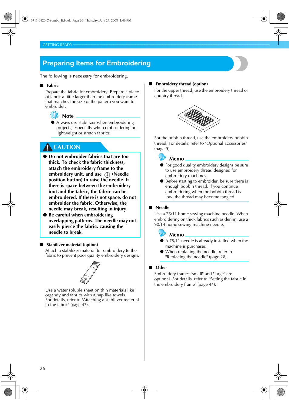 Preparing items for embroidering, Caution | Brother HE1 User Manual | Page 28 / 92