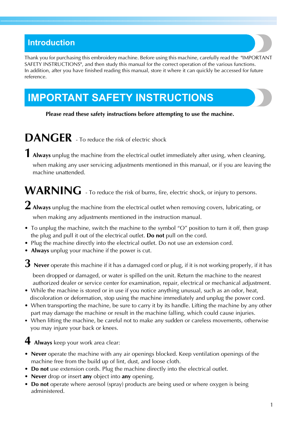 Danger, Warning, Important safety instructions | Brother HE1 User Manual | Page 3 / 92