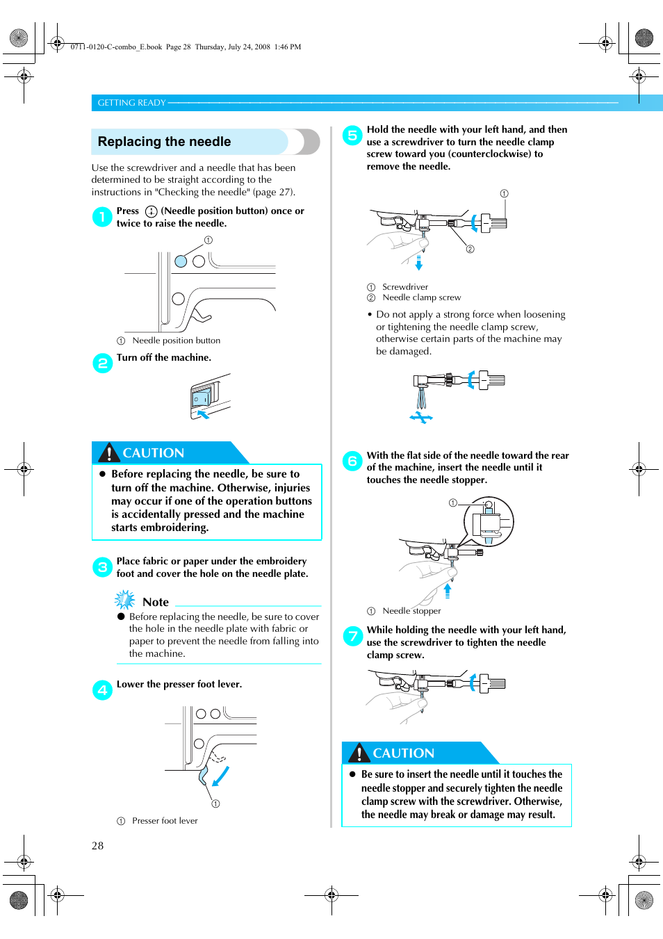 Replacing the needle, Caution | Brother HE1 User Manual | Page 30 / 92