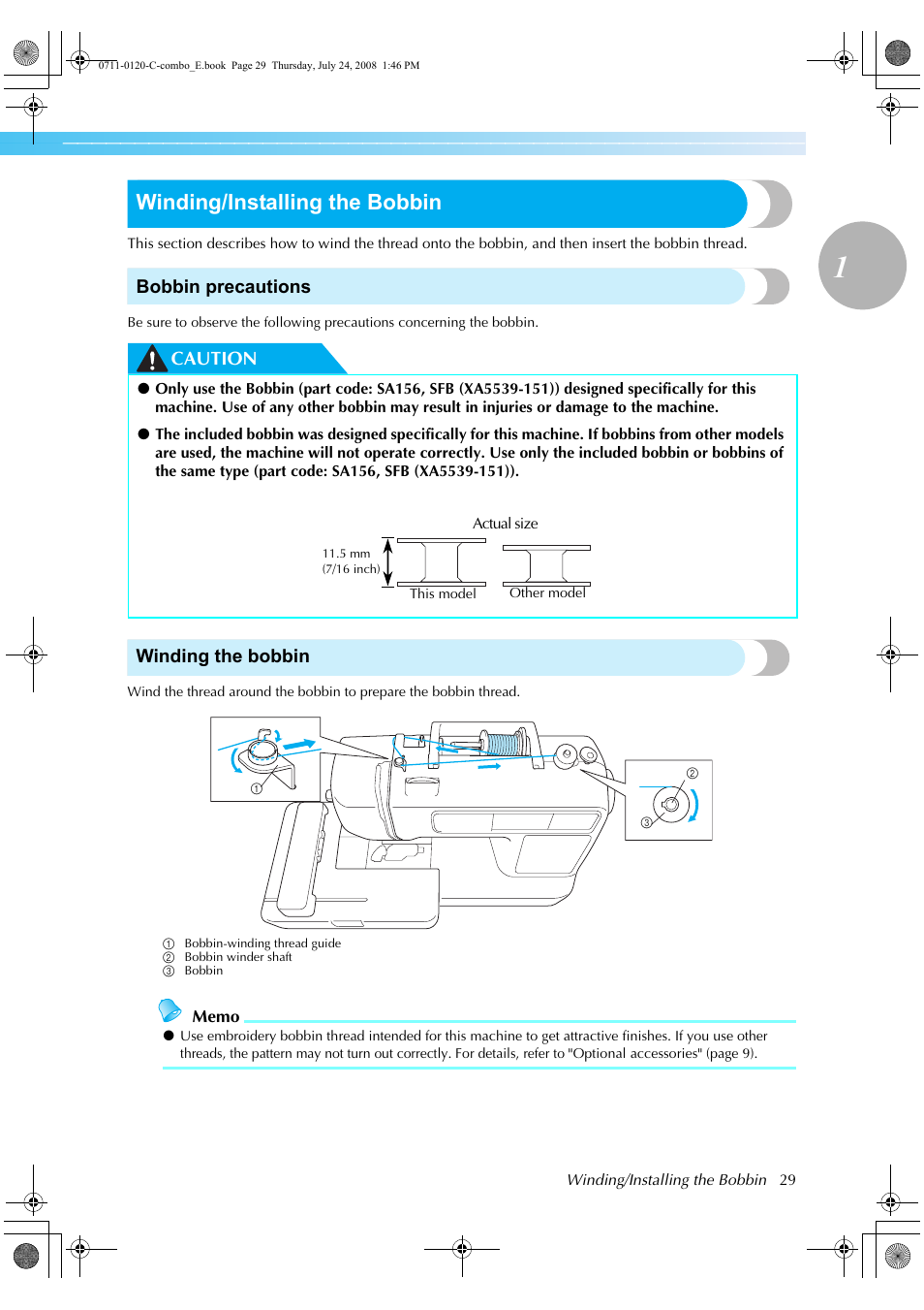 Winding/installing the bobbin, Bobbin precautions, Caution winding the bobbin | Brother HE1 User Manual | Page 31 / 92