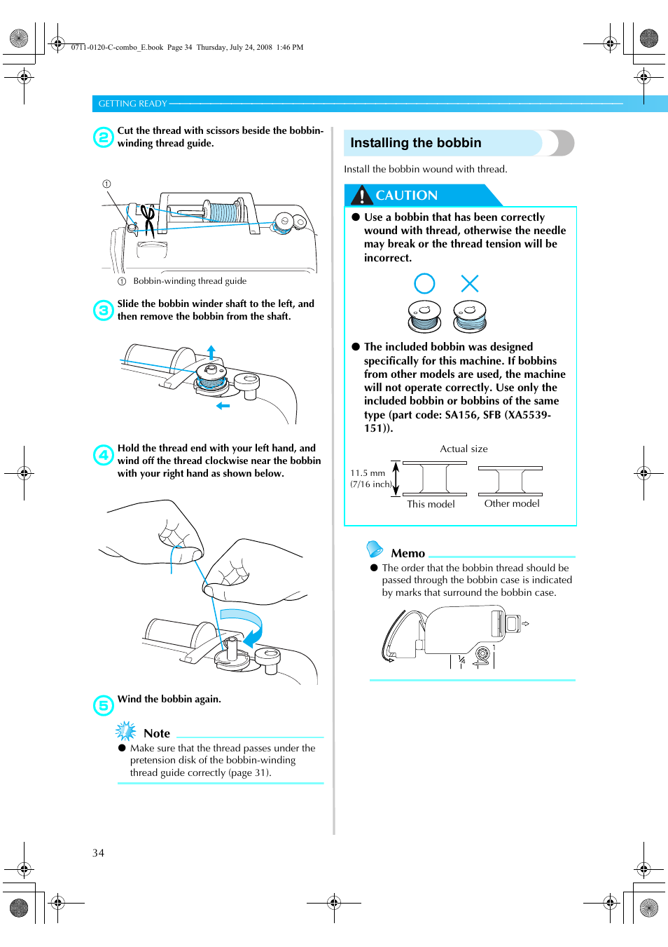 Installing the bobbin, Caution | Brother HE1 User Manual | Page 36 / 92