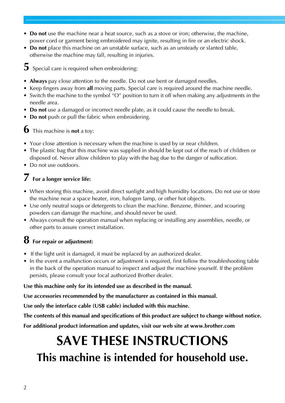 Save these instructions, This machine is intended for household use | Brother HE1 User Manual | Page 4 / 92