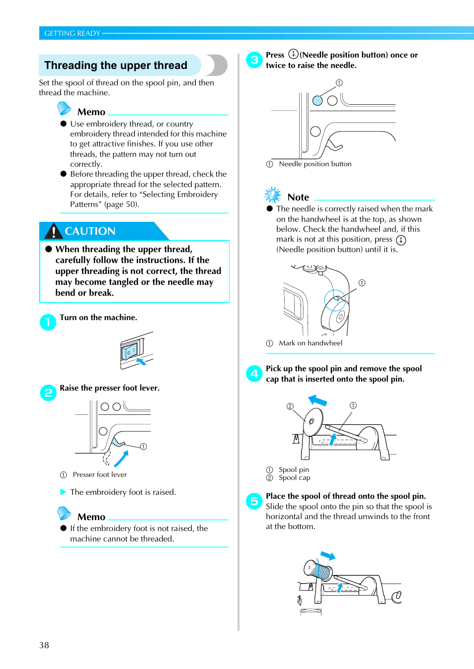 Threading the upper thread, Caution | Brother HE1 User Manual | Page 40 / 92