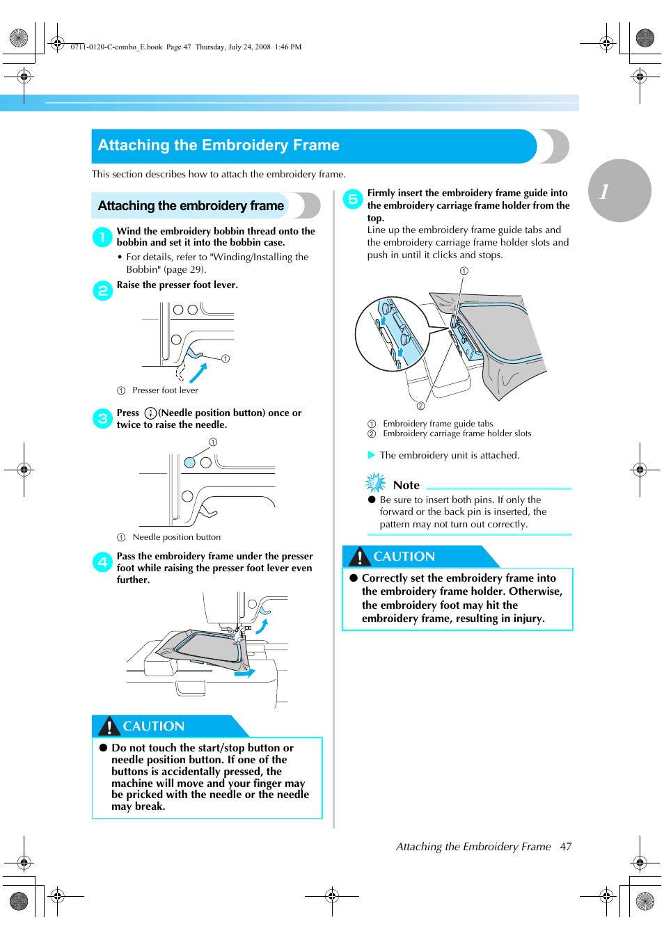 Attaching the embroidery frame, Caution | Brother HE1 User Manual | Page 49 / 92