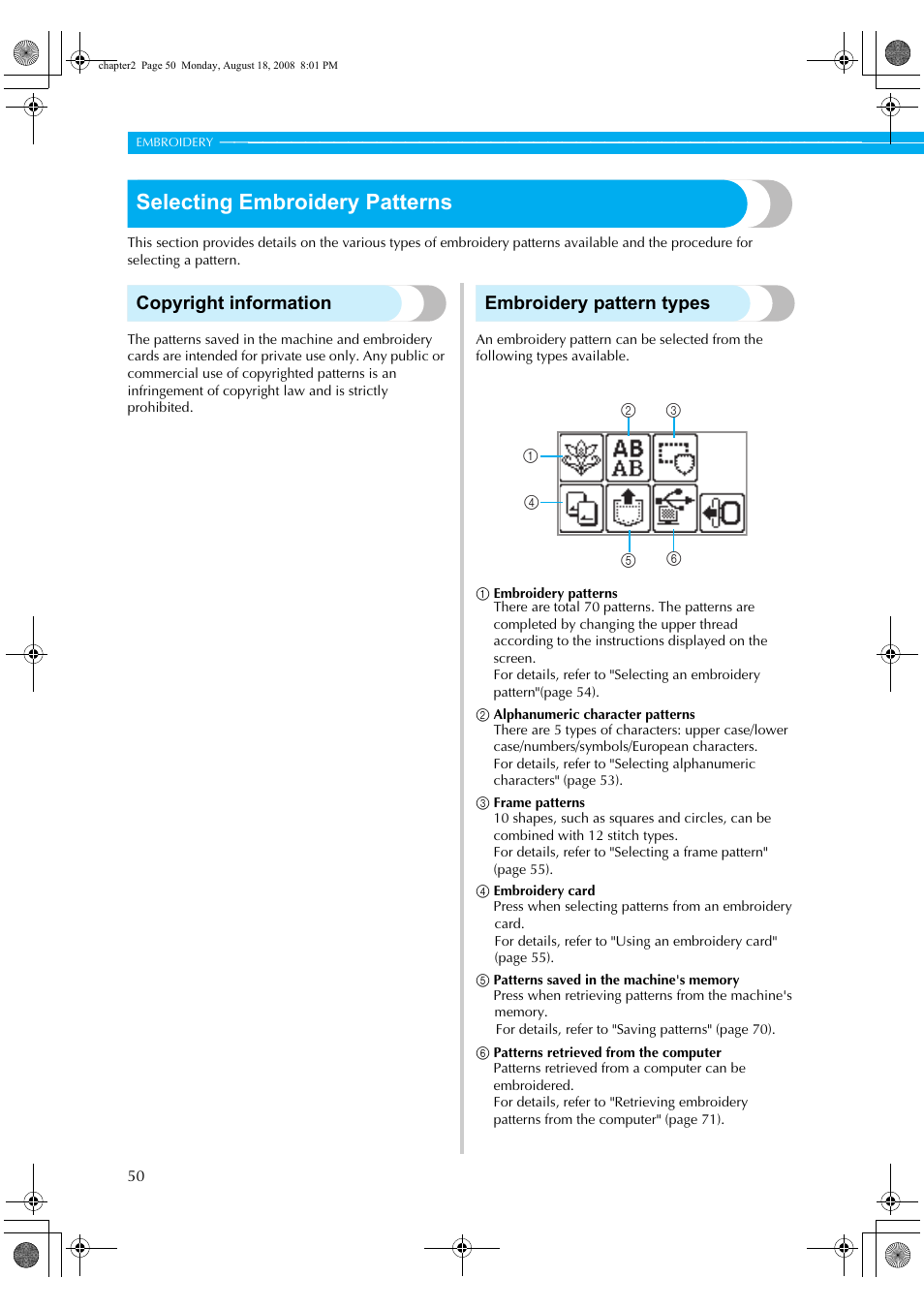 Selecting embroidery patterns, Copyright information, Embroidery pattern types | Brother HE1 User Manual | Page 52 / 92