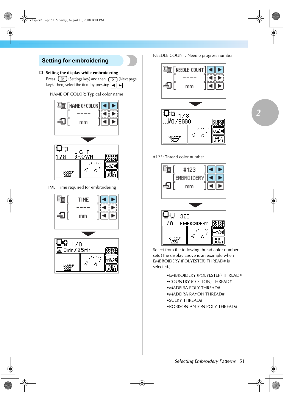 Setting for embroidering | Brother HE1 User Manual | Page 53 / 92