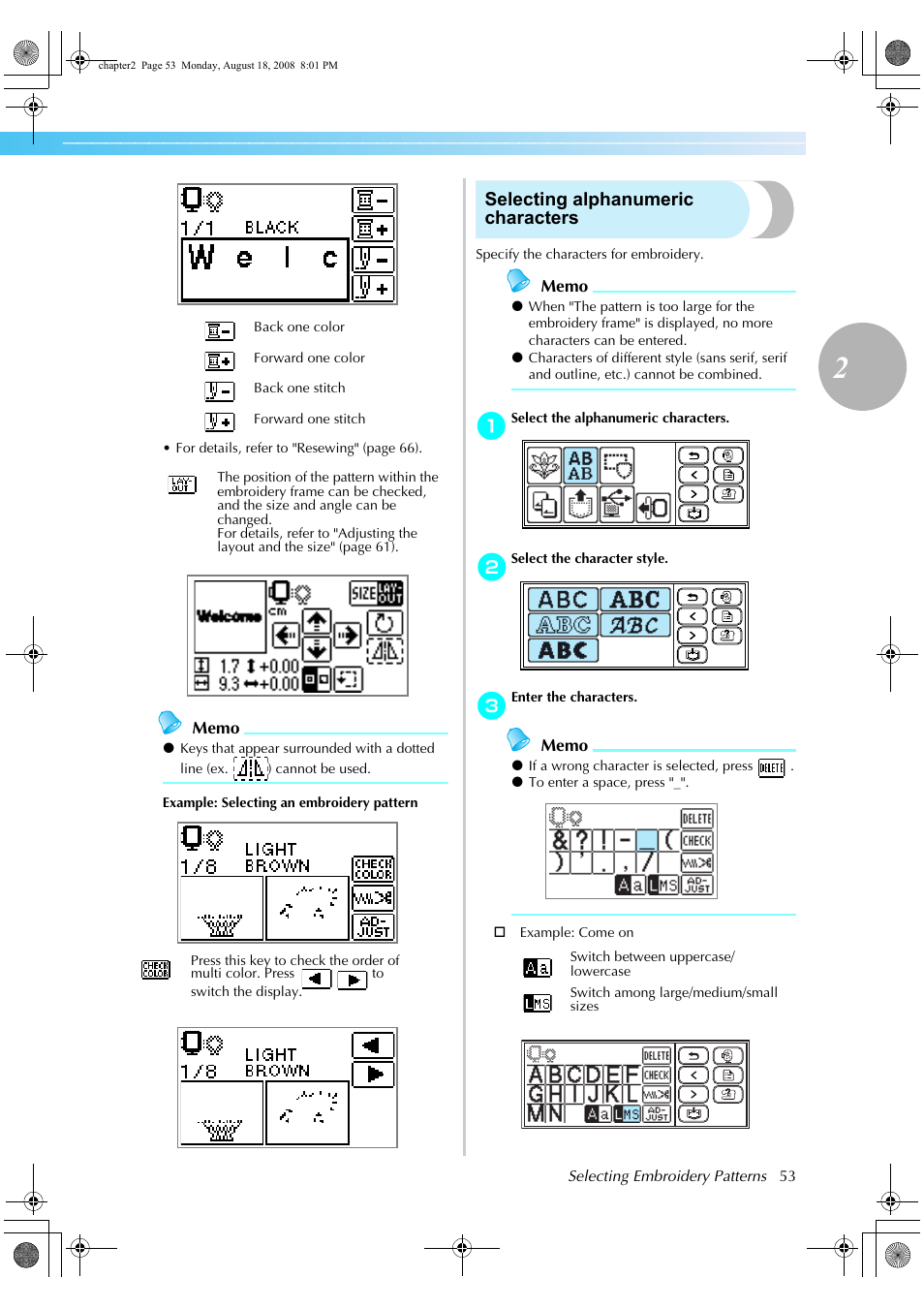 Selecting alphanumeric characters | Brother HE1 User Manual | Page 55 / 92