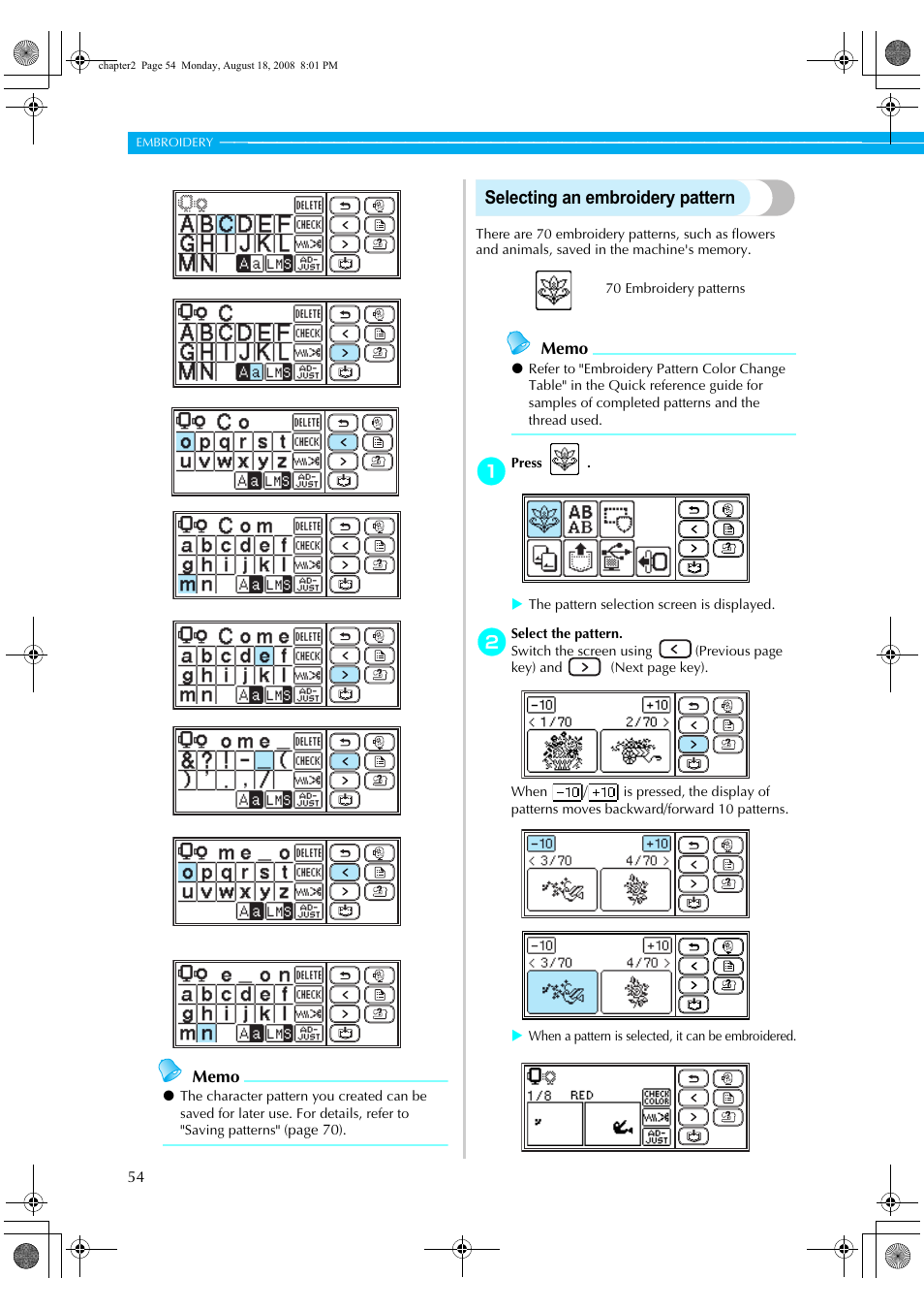 Selecting an embroidery pattern | Brother HE1 User Manual | Page 56 / 92