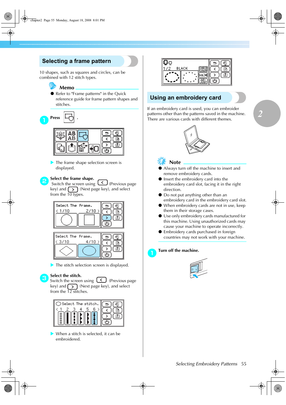 Selecting a frame pattern, Using an embroidery card | Brother HE1 User Manual | Page 57 / 92
