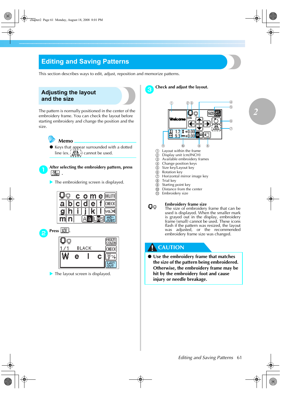 Editing and saving patterns, Adjusting the layout and the size, Caution | Brother HE1 User Manual | Page 63 / 92