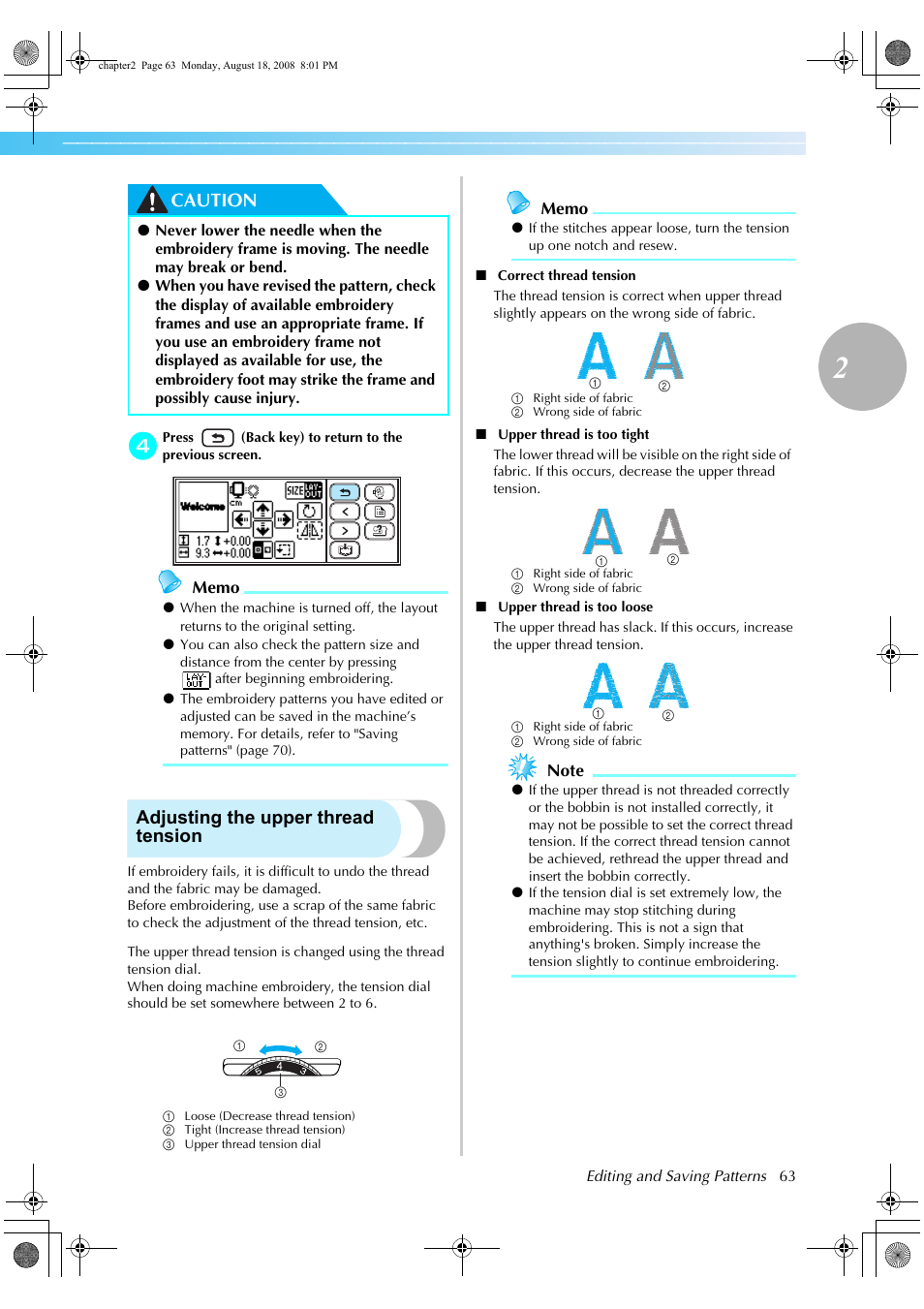 Caution, Adjusting the upper thread tension | Brother HE1 User Manual | Page 65 / 92