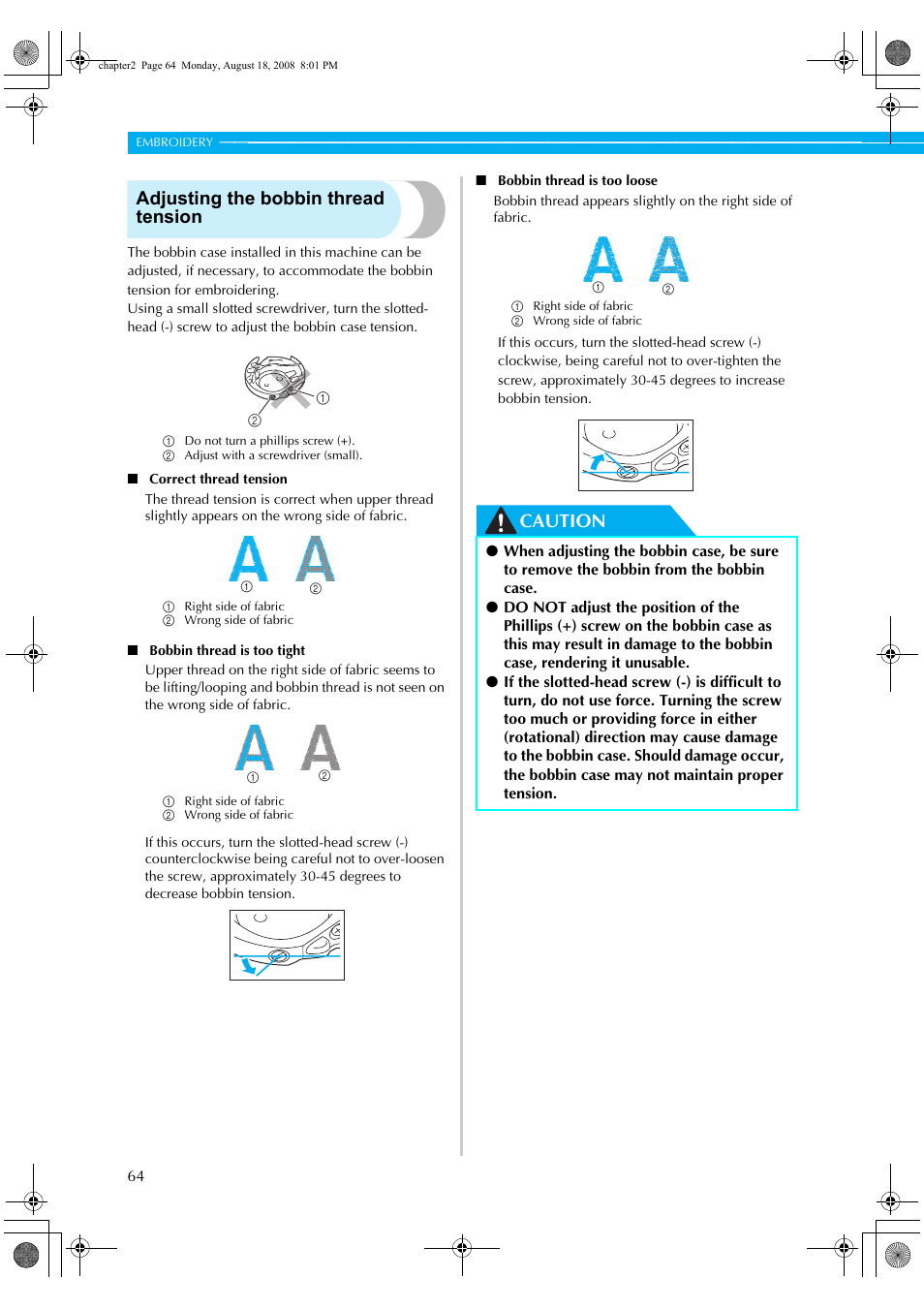 Adjusting the bobbin thread tension, Caution | Brother HE1 User Manual | Page 66 / 92