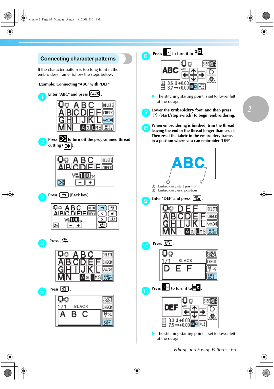 Connecting character patterns | Brother HE1 User Manual | Page 67 / 92