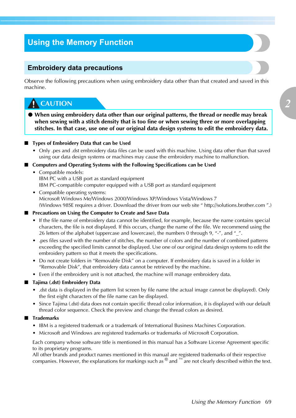 Embroidery data precautions, Caution | Brother HE1 User Manual | Page 71 / 92