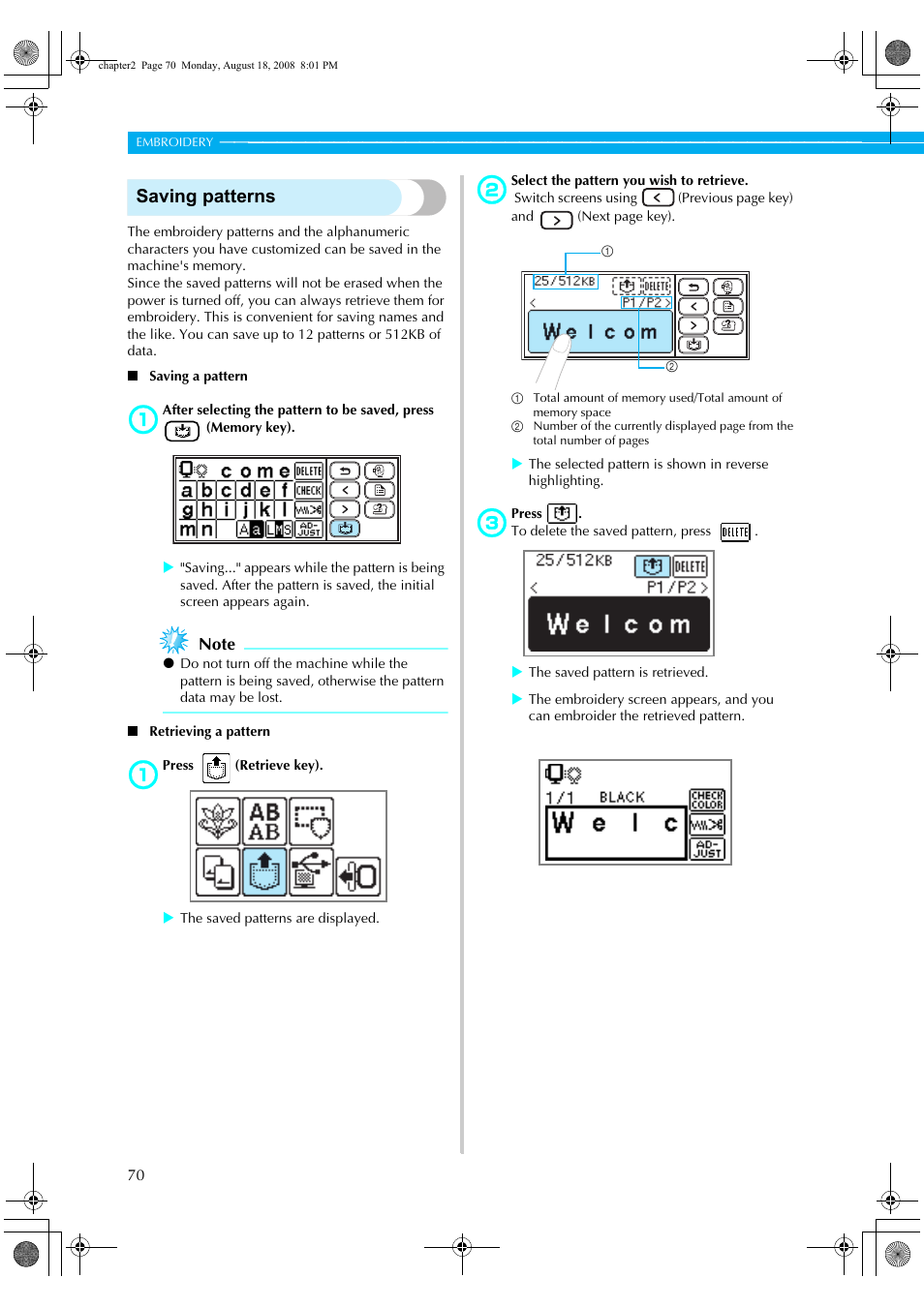 Saving patterns | Brother HE1 User Manual | Page 72 / 92