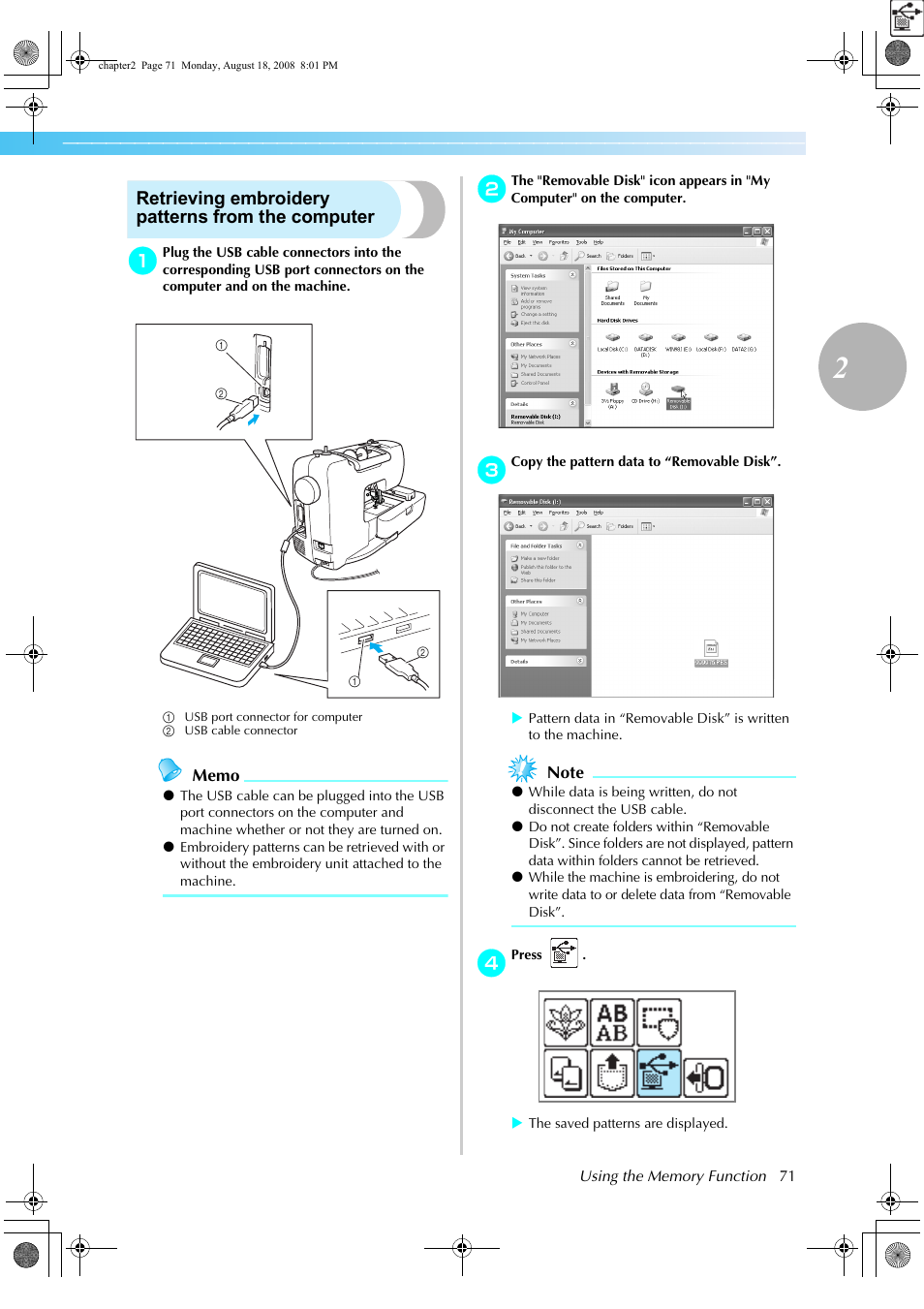 Retrieving embroidery patterns from the computer | Brother HE1 User Manual | Page 73 / 92