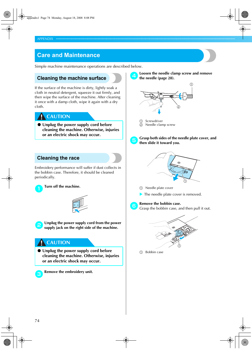 Care and maintenance, Cleaning the machine surface, Caution cleaning the race | Caution | Brother HE1 User Manual | Page 76 / 92