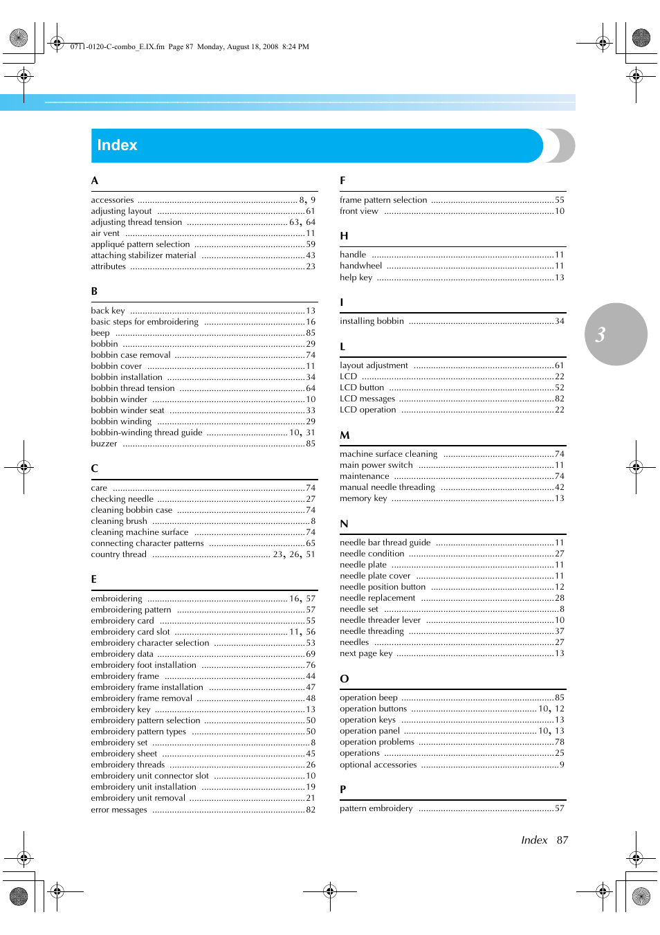 Index | Brother HE1 User Manual | Page 89 / 92