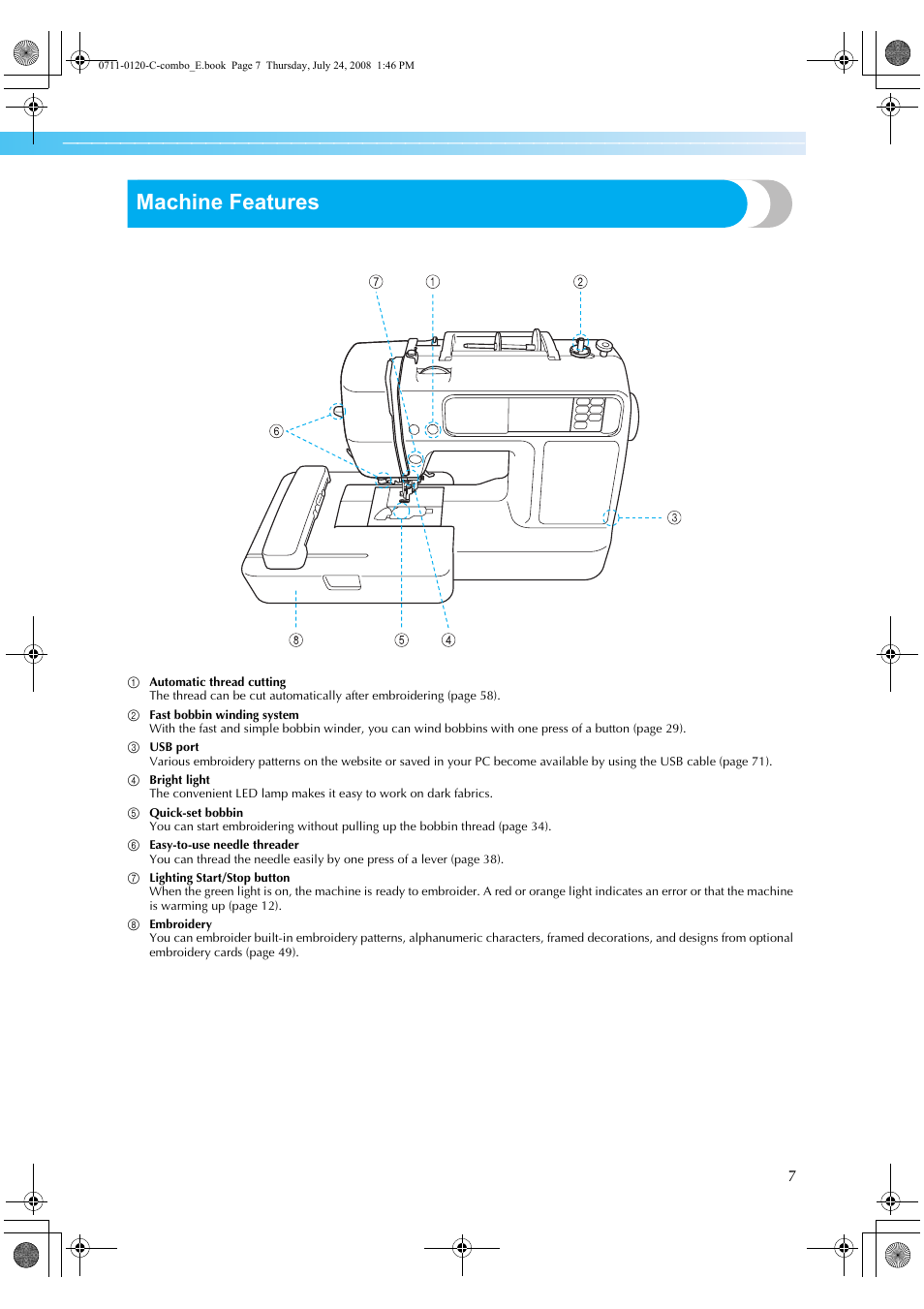 Machine features | Brother HE1 User Manual | Page 9 / 92