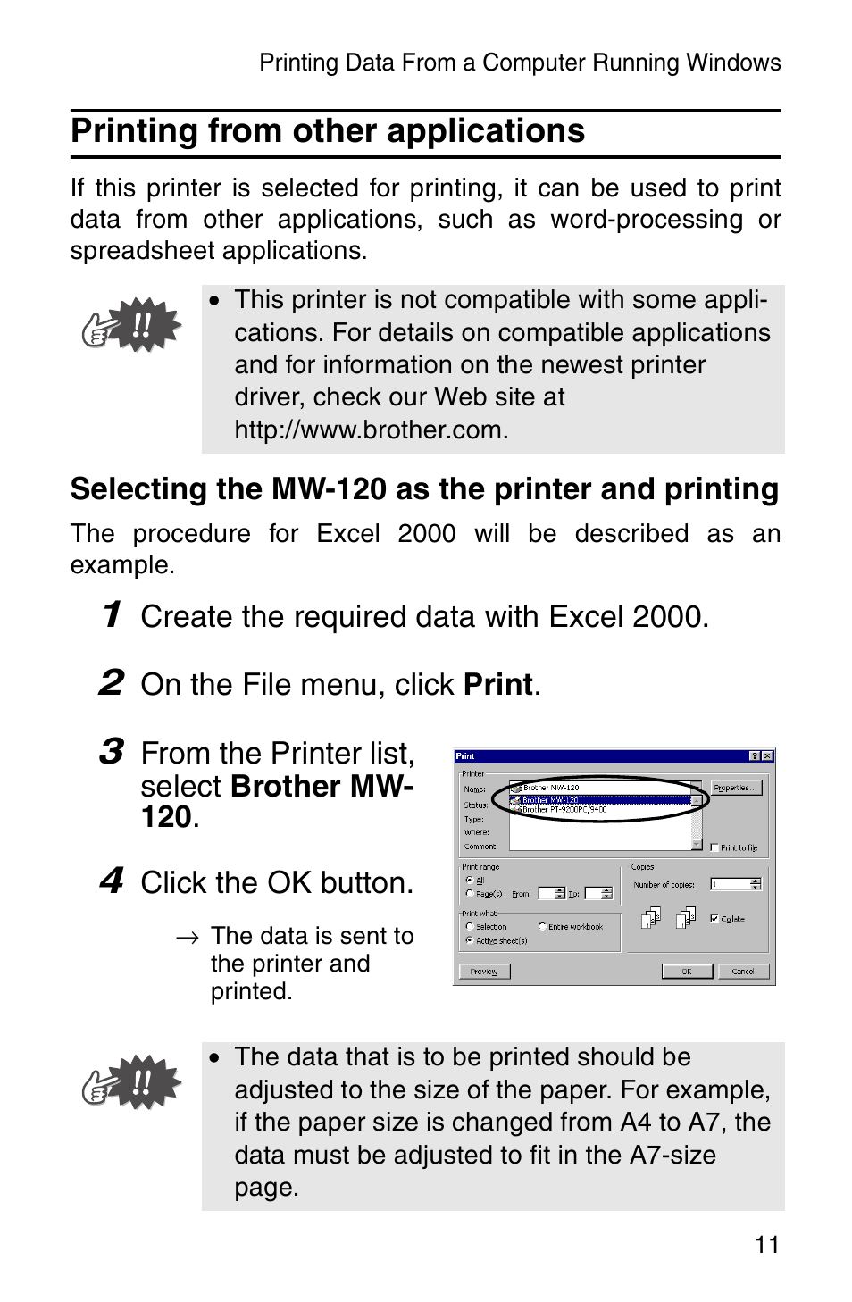 Printing from other applications | Brother MW-120 User Manual | Page 13 / 75