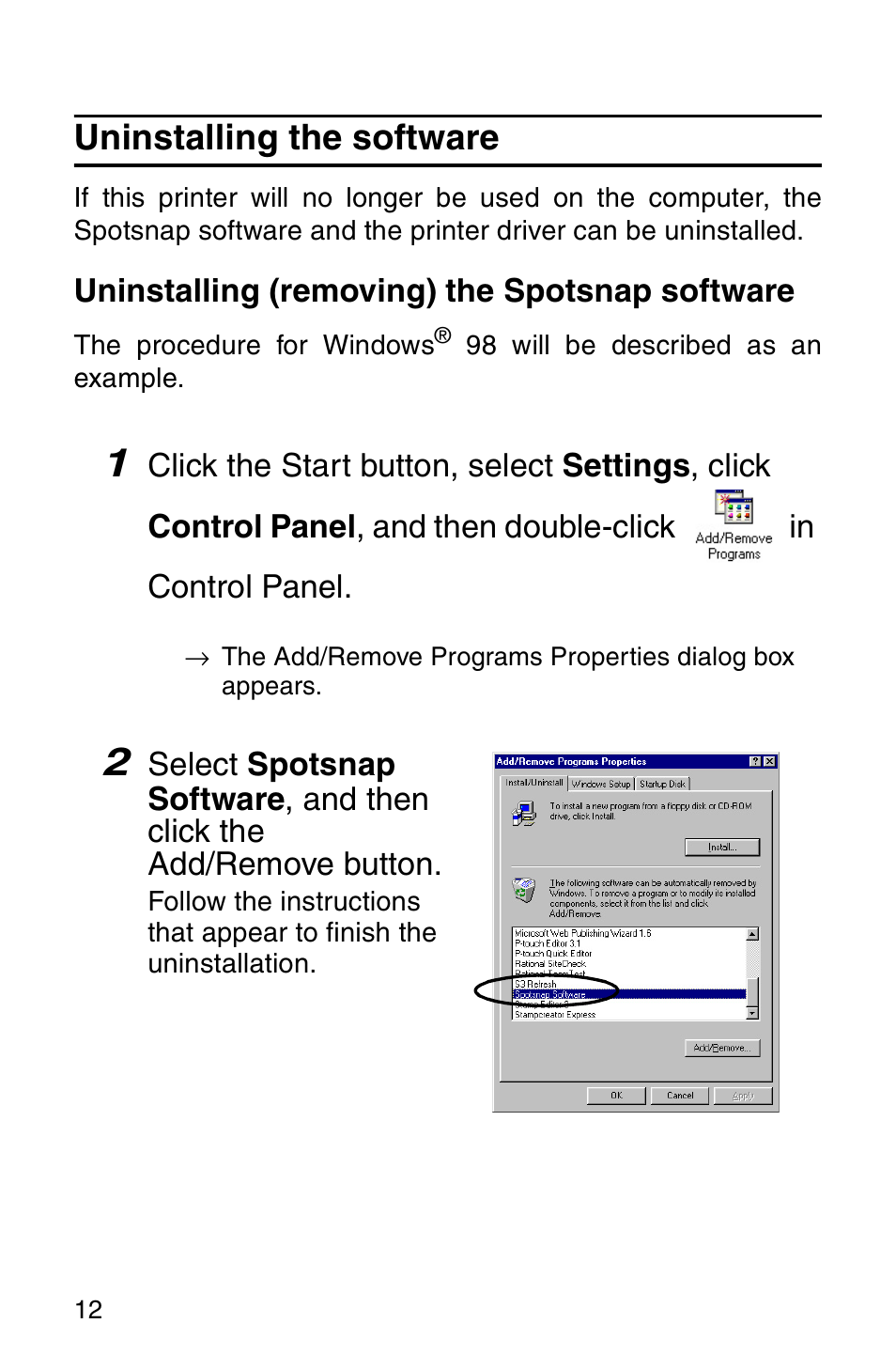 Uninstalling the software | Brother MW-120 User Manual | Page 14 / 75