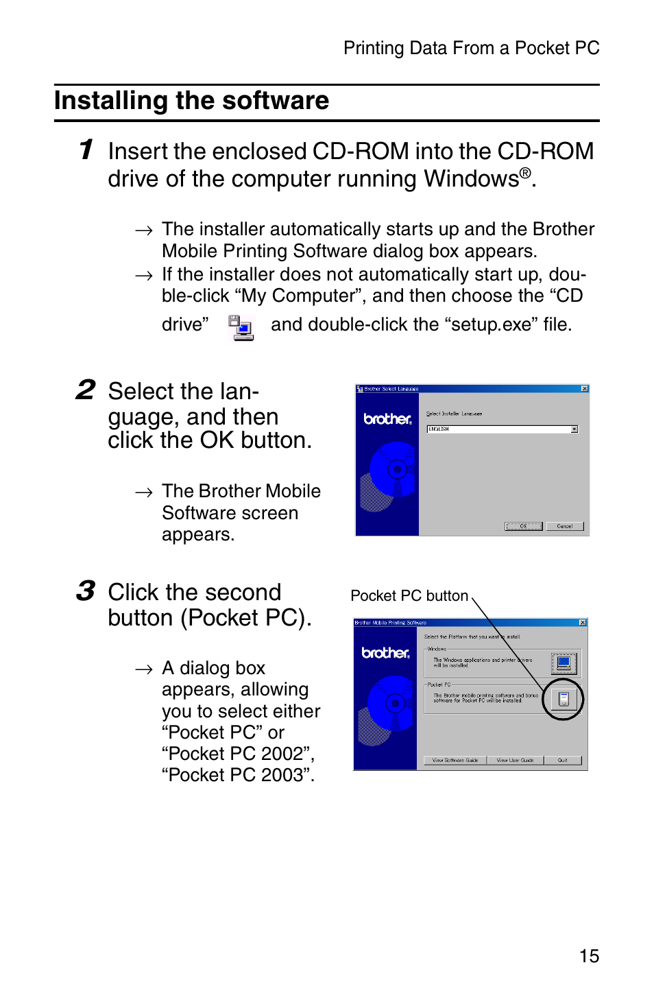 Installing the software | Brother MW-120 User Manual | Page 17 / 75